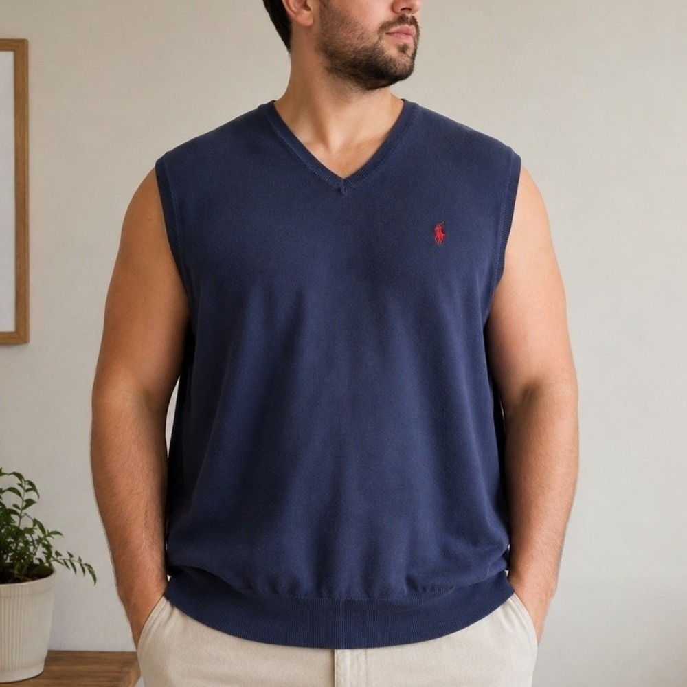 Polo Ralph Lauren Navy V-Neck Cotton Sweater Vest Mens Preppy Golf Red Pony XXL